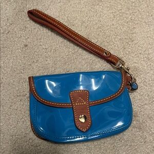 Dooney & Bourke Blue Patent Wristlet with Brown Trim